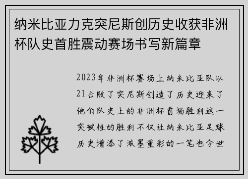 纳米比亚力克突尼斯创历史收获非洲杯队史首胜震动赛场书写新篇章