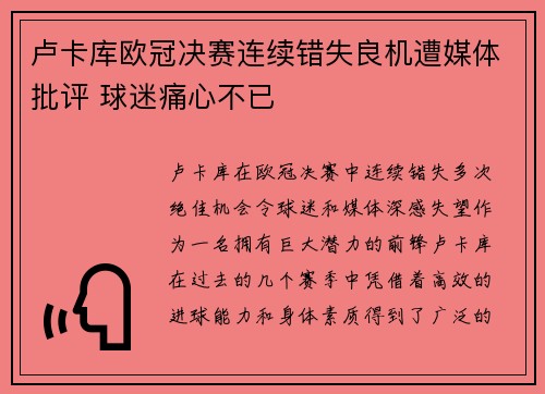 卢卡库欧冠决赛连续错失良机遭媒体批评 球迷痛心不已